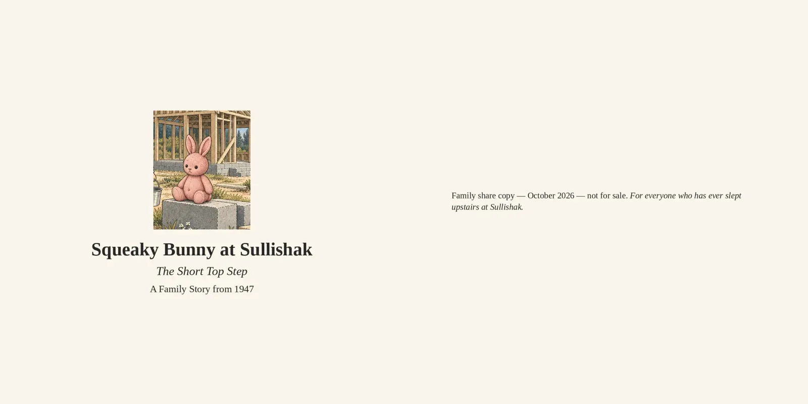 Page 2 of 17. Title page. Family share copy, October 2026, not for sale. For everyone who has ever slept upstairs at Sullishak.