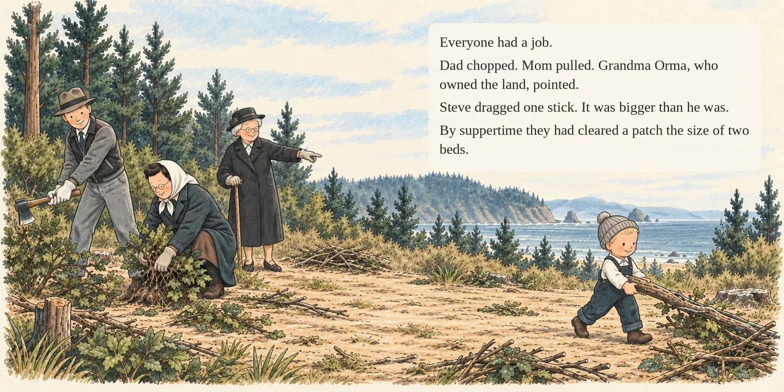 Page 4 of 17. Everyone had a job. Dad chopped, Mom pulled, Grandma Orma pointed, and Steve dragged one stick bigger than he was.