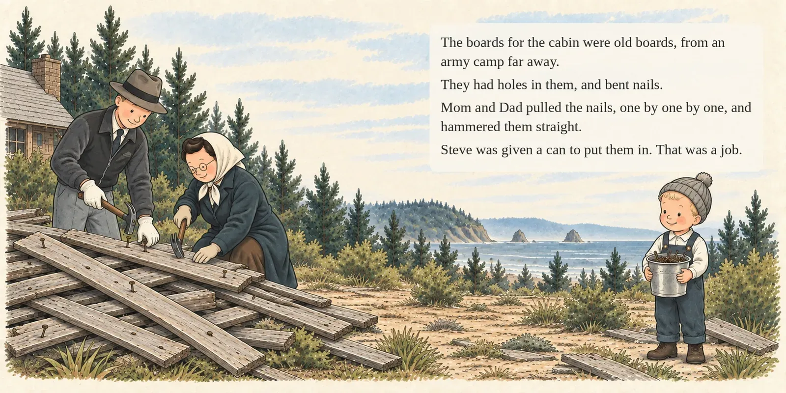 Page 6 of 17. Old boards from the army camp. Mom and Dad straightened the bent nails, and Steve's job was the can.