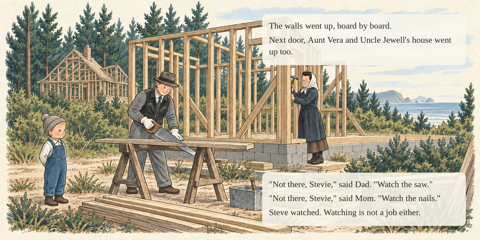 Page 8 of 17. The walls went up. Aunt Vera and Uncle Jewell were building next door.