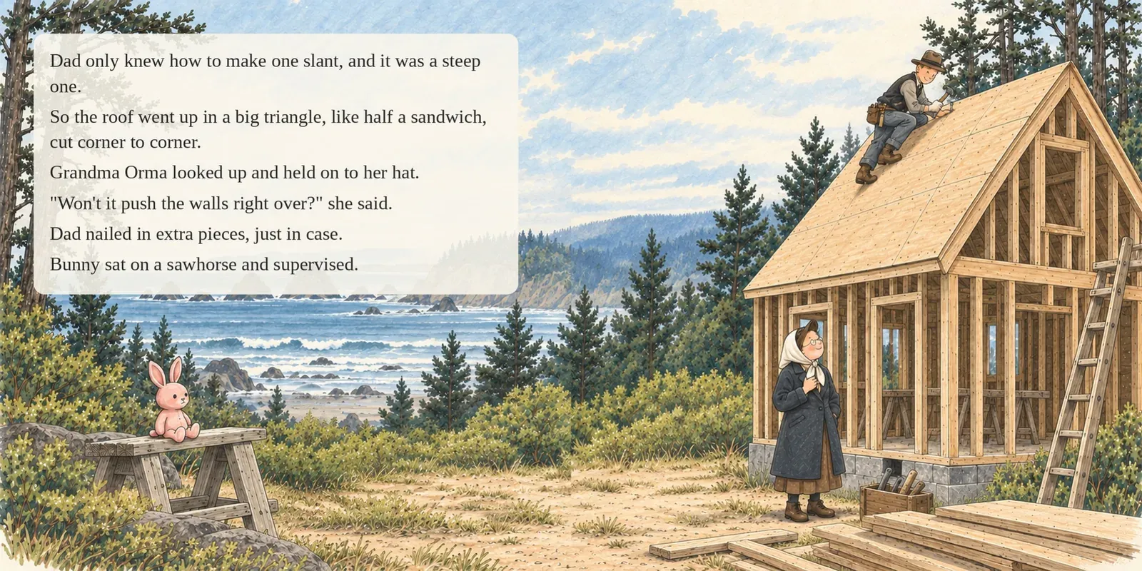 Page 12 of 17. Dad only knew one slant, so the roof was steep. Grandma Orma held on to her hat: