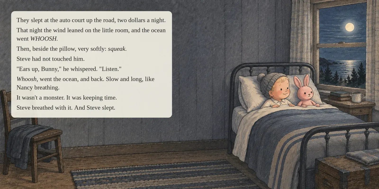 Page 15 of 17. A night at the auto court: the wind, the WHOOSH, and a squeak by the pillow. It wasn't a monster. It was keeping time.