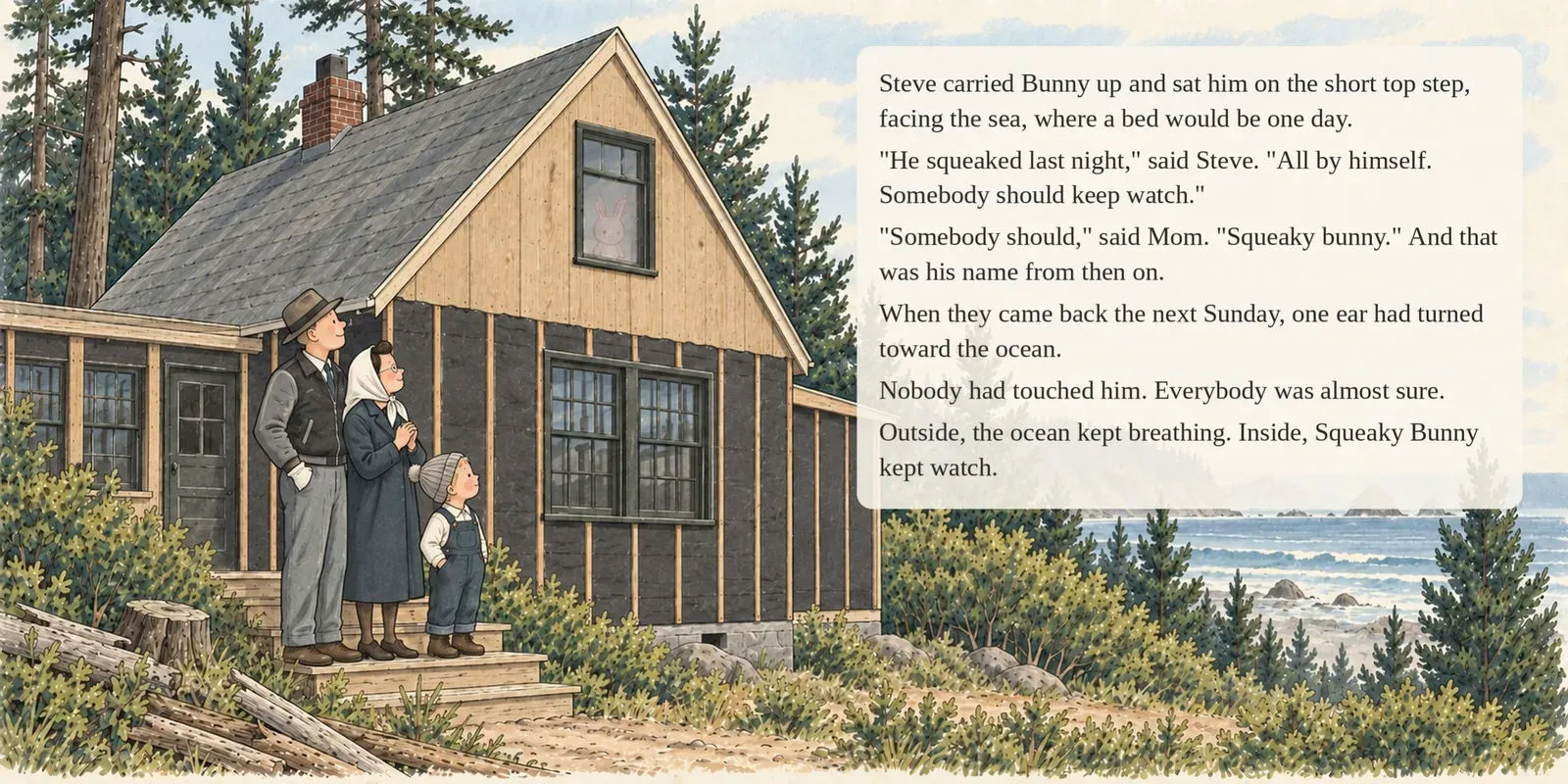 Page 16 of 17. Bunny sat on the short top step, facing the sea.