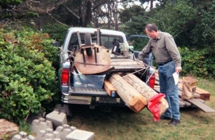 Barb and Dave arrived in September 2001 at the cabin with a load of materials. They bought the telephone pole for $75 and cut it into a bunch of shorter pieces.
