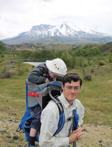 Ian and Brendan on the Hummock Hike at Mt. St. Helens, May 25, 2014. Brendan is looking for the cookie he just lost.