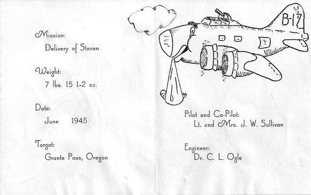 My father drew the stork and B17 pictures for my birth announcement. At the time of my birth Wes was on leave from the Army Air Core. While waiting for my...