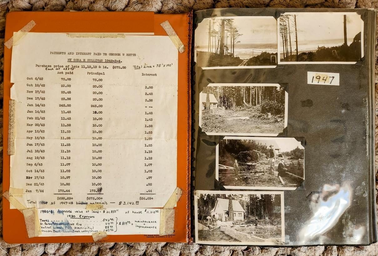 Elsie Sullivan’s Original Scrapbook: A page from the early years of Sullishak, showing the meticulous records kept by Orma Sullivan of the cabin’s expenses and construction costs, alongside photos from 1947 of Wes and Elsie Sullivan building the cabin. This scrapbook was lovingly compiled by Elsie to preserve the family’s history and memories of Sullishak, capturing the spirit of those early days.