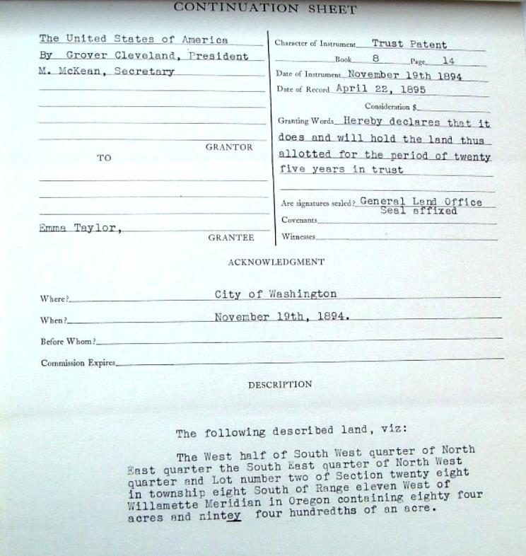 The first page of Emma Taylor’s Trust Patent for the land where Sullishak now sits.
