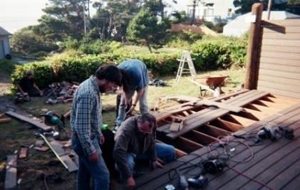 Left: Bill, Mick, and I struggle with installing the decking.