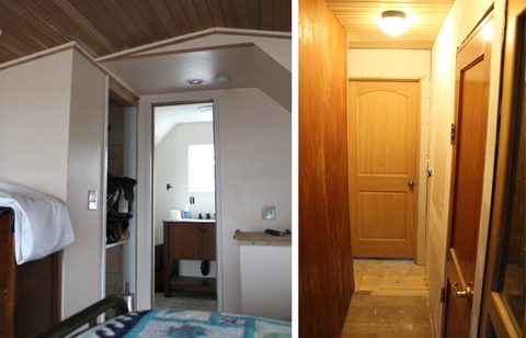 Left: A bathroom is at the east end of the upstairs. Right: First floor hallway leads to new family room.